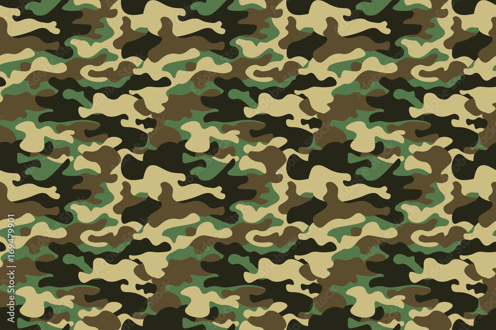 Fototapeta premium Camouflage seamless pattern background. Horizontal seamless banner. Classic clothing style masking camo repeat print. Green brown black olive colors forest texture. Design element. Vector illustration