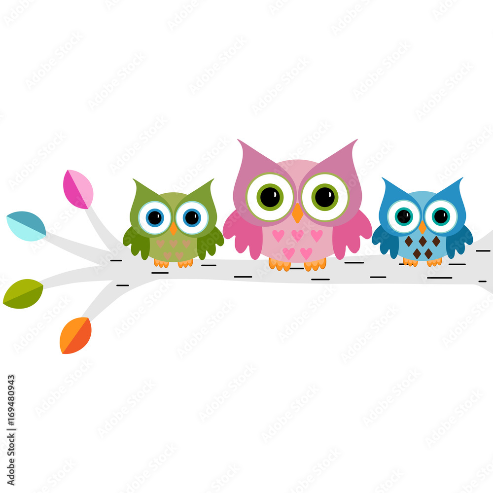 Fototapeta premium Rodzina sowy siedzi na gałęzi