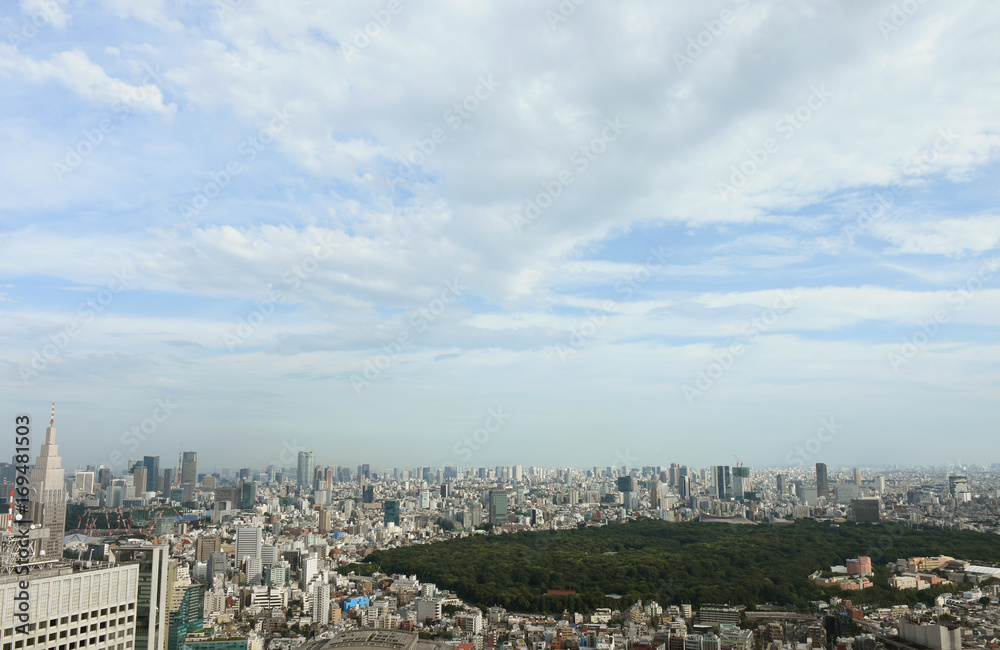 日本の都市風景「渋谷区（明治神宮や代々木公園方向）や港区などのビル群を望む）