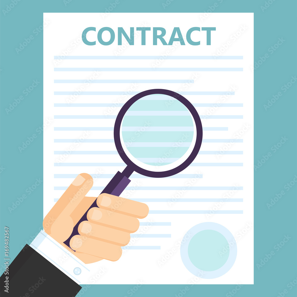 Conclusion of a contract. Viewing text by magnifying glass Conclusion of a contract. Viewing text by magnifying glass