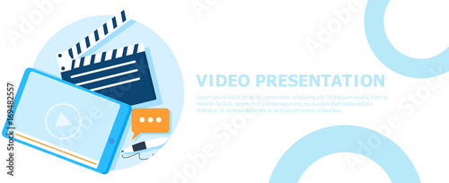 Video presentation banner. Tablet with a video and a pen and a movie clapper