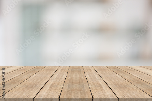 Empty wood table top on white blurred background,for montage your products