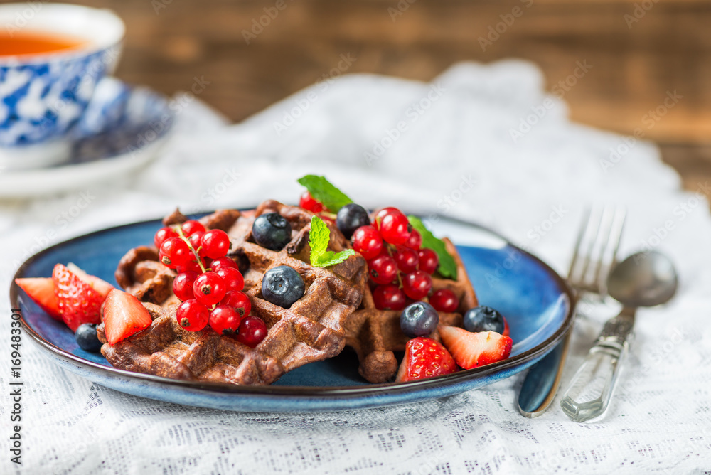 Chocolate Belgium Waffles with Berries Chocolate Belgium Waffles with Berries
