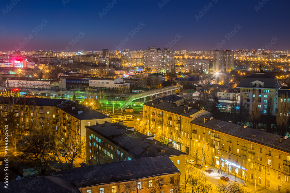 Aerial view to night Voronezh downtown. Modern and historical buildings 