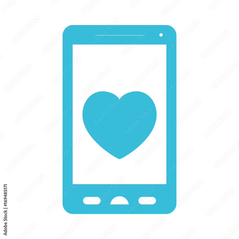 blue color silhouette of smartphone with heart in screen blue color silhouette of smartphone with heart in screen