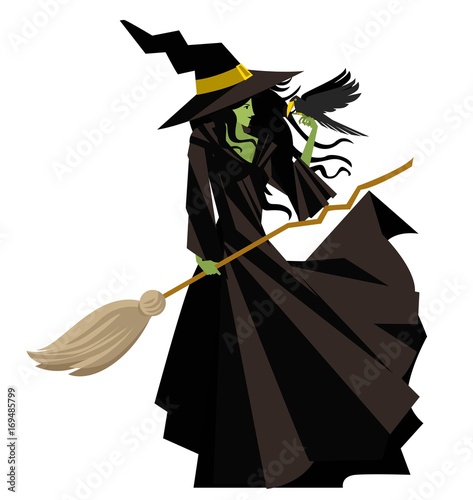 evil green witch with raven bird and broom