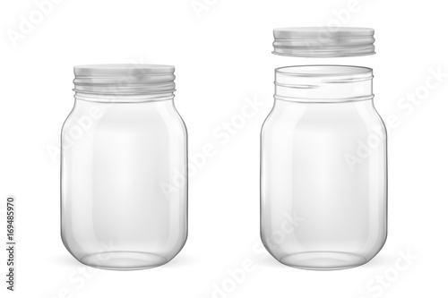 Vector realistic empty glass jar for canning and preserving set with silvery lid - open and closed - closeup isolated on white background. Design template for advertise, branding, mockup. EPS10.