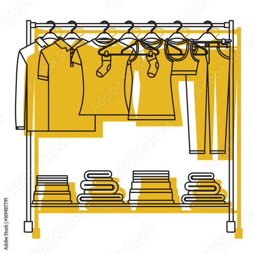 yellow watercolor silhouette of clothes rack with t-shirts and pants on hangers and fold clothes on bottom