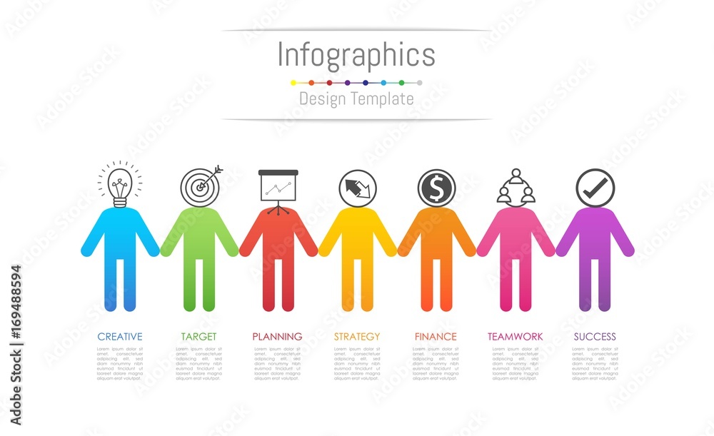 Infographic design elements for your business data with 7 options, parts, steps, timelines or processes, connecting people concept. Vector Illustration.