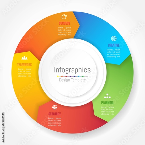Infographic design elements for your business data with 5 options, parts, steps, timelines or processes, Arrow wheel circle style. Vector Illustration.