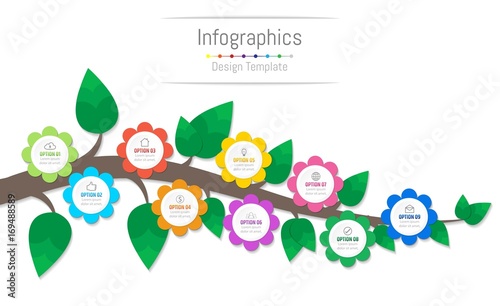 Infographic design elements for your business data with 9 options, parts, steps, timelines or processes, flowers and branch concept. Vector Illustration.