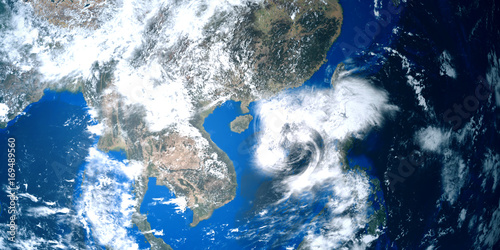 Fototapeta Naklejka Na Ścianę i Meble -  Extremely detailed and realistic high resolution 3D illustration of a tropical storm approaching China and Hong Kong. Shot from Space. Elements of this image are furnished by Nasa.