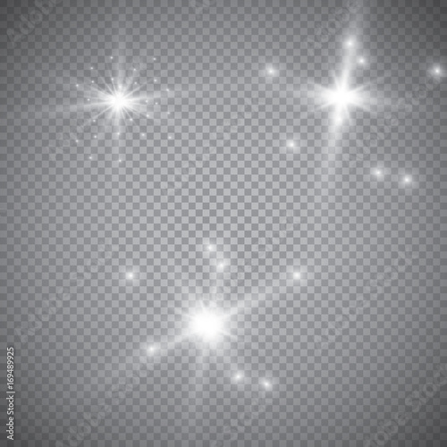 Set of glowing light effects with transparency isolated on plaid vector background. Lens flares, rays, stars and sparkles with bokeh collection.