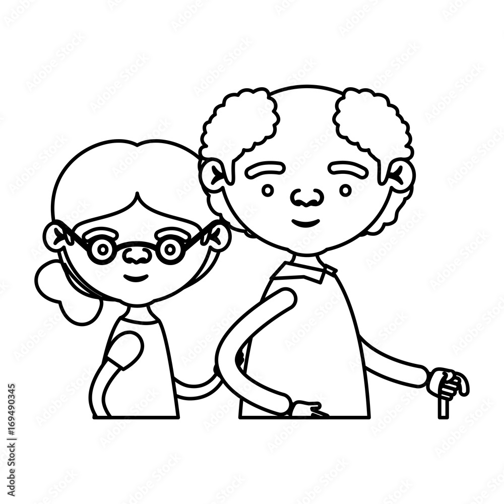 sketch silhouette half body elderly couple in walking stick grandmother side collected hairstyle and grandfather with few curly hair sketch silhouette half body elderly couple in walking stick grandmother side collected hairstyle and grandfather with few curly hair