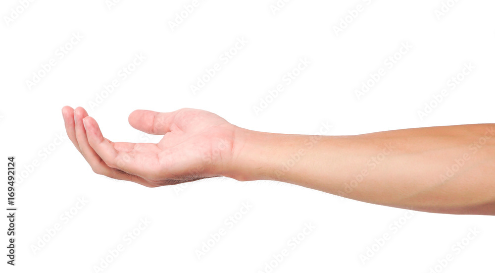 Man hands holding something on white background