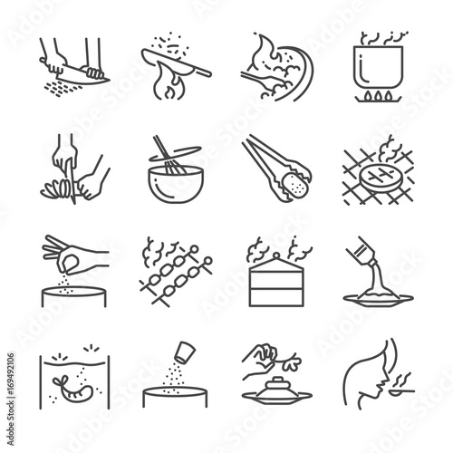 Cooking line icon set. Included the icons as slice, boil, steam, stir, fried, grill and more.