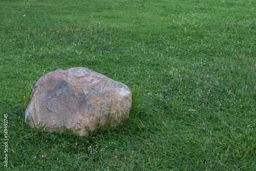 Large stones placed on the lawn.
