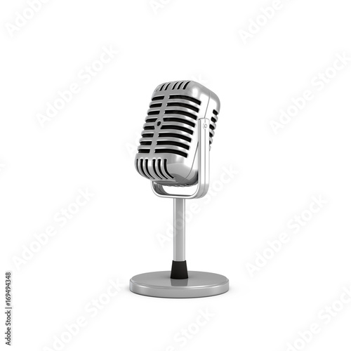 3d rendering of a silver metal retro tabletop microphone with a round base.