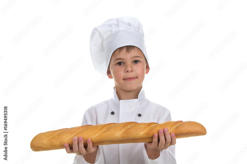 Little Cook Boy With Bread. Isolated on white background.