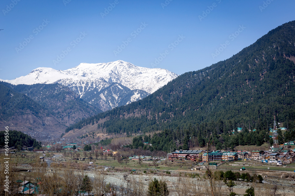 Panoramic view of beautiful mountain landscape small village among snow pine trees mountain background