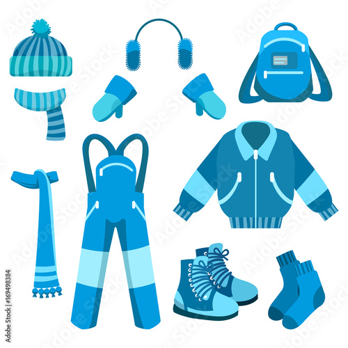 Blue winter clothes collection with backpack, boots, socks, vector illustration