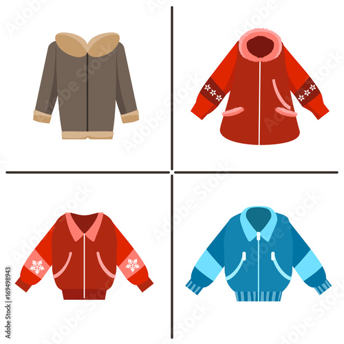 Colorful winter jackets flat objects on white background. Vector illustration