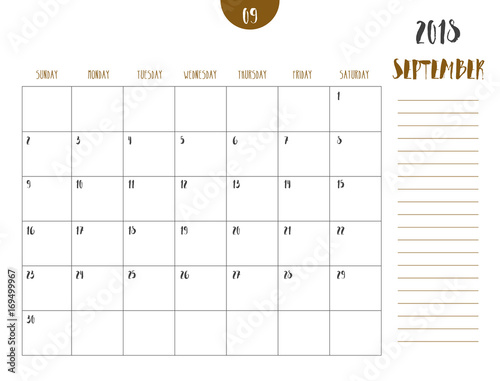 Vector of calendar 2018 ( September ) in simple clean table style with note line in earth tone color theme,full size 21 x 16 cm,Week start on Sunday