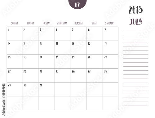 Vector of calendar 2018 ( july ) in simple clean table style with note line in earth tone color theme,full size 21 x 16 cm,Week start on Sunday