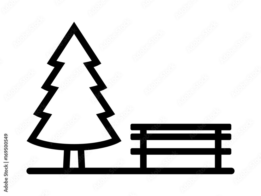 Park with evergreen pine tree and bench line art vector icon for apps and websites Park with evergreen pine tree and bench line art vector icon for apps and websites
