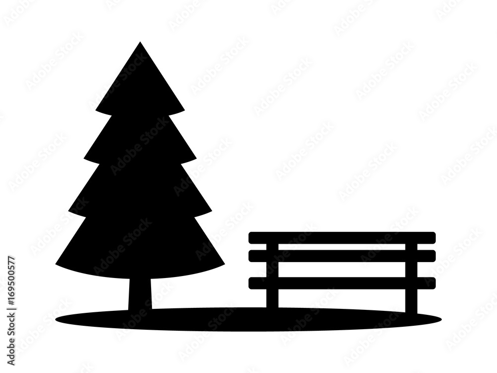 Park with evergreen pine tree and bench flat vector icon for apps and websites