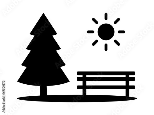 Park with evergreen pine tree, bench and sun flat vector icon for apps and websites