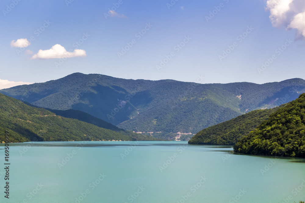 Beautiful scenery of a mountainous azure lake.