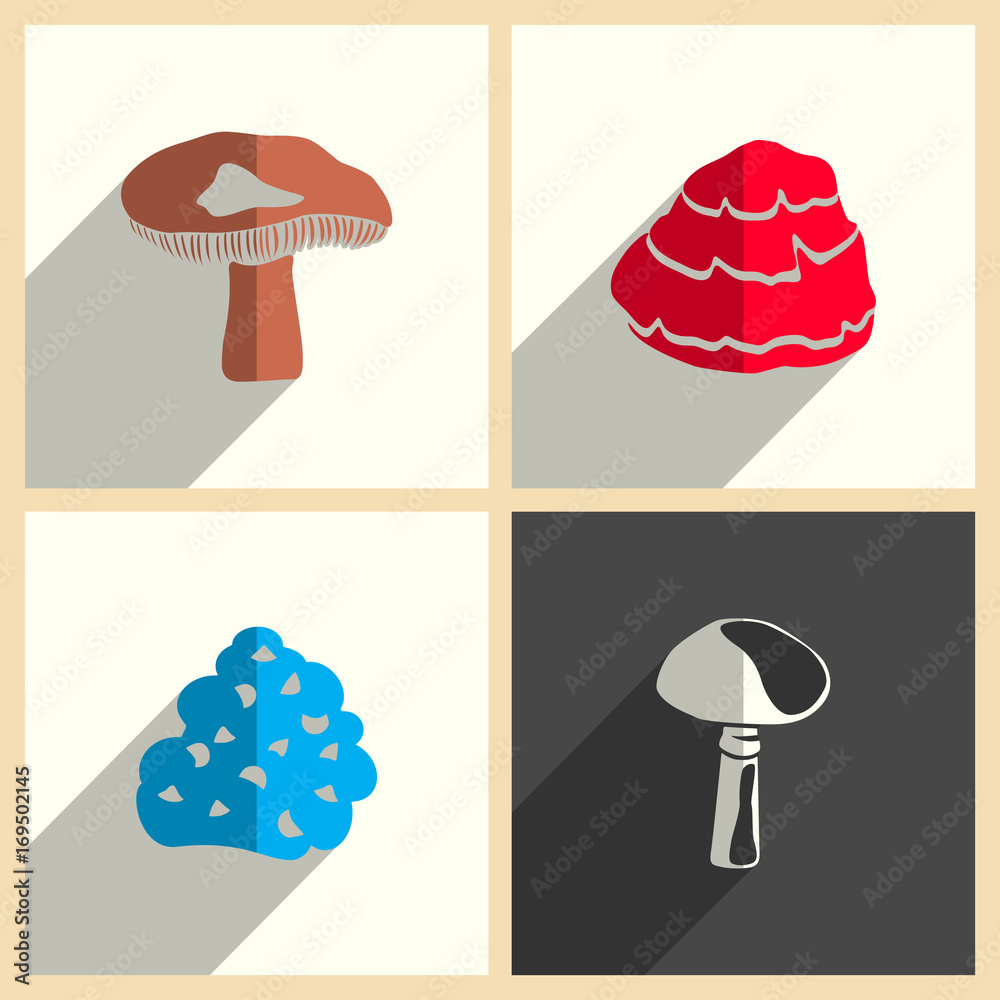 Mushrooms set of flat icons with shadow. Vector illustration Mushrooms set of flat icons with shadow. Vector illustration