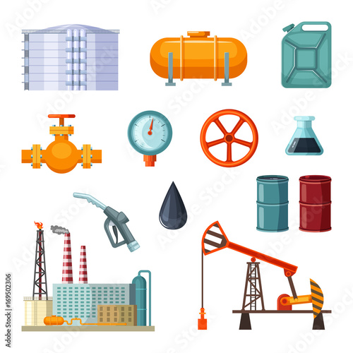 Oil industry. Vector pictures set of petroleum extraction