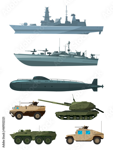 Warships and armored vehicles of land forces. Military transport support