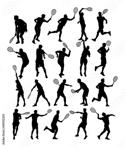 Man tennis players vector silhouette isolated on white background. Big set of sport tennis silhouette isolated. Editable different recreation silhouettes.