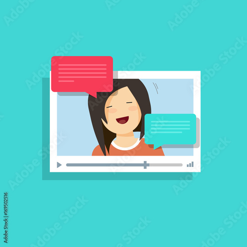 Video chatting online vector illustration, flat cartoon video player window with speaking happy girl and bubble speeches messages, concept of on-line video chat app, internet talk, call technology