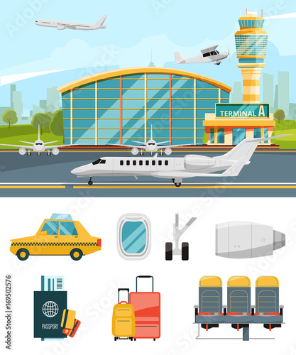 Airport terminal illustration, aircraft and different specific icons set