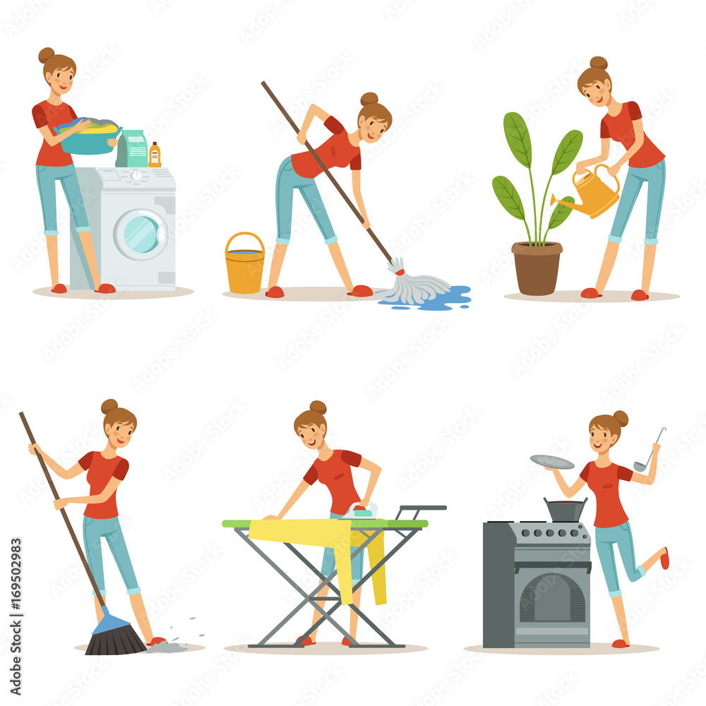 Fototapeta premium Housewife make different domestic works. Mother occupation. Vector cartoon characters set