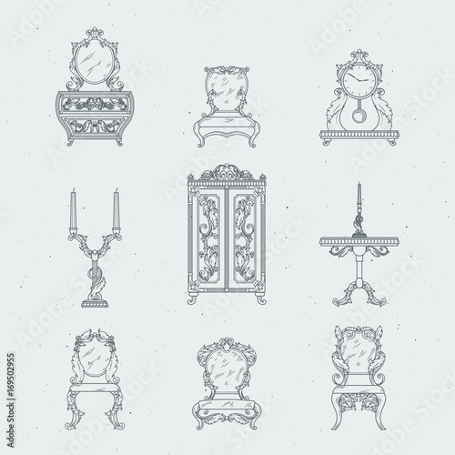 Home antique furniture chairs, dresser, bedside table, mirror. Vector hand drawing illustrations in baroque style