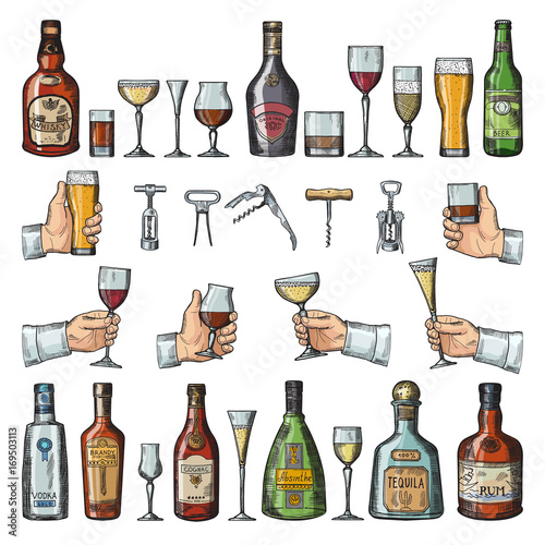 Set of alcoholic symbols. Different drinking glasses, wine bottles and corkscrews. Vector pictures in hand drawn style