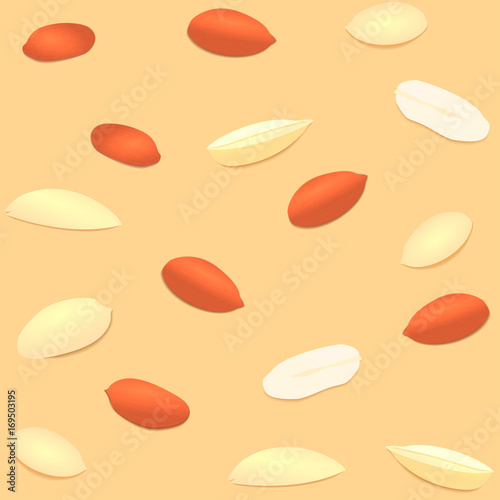 Vector seamless background peanut nut. A pattern of shelled peanuts nuts in shell and shelled. Tasty Image on beige background nuts for printing on packaging, advertising of healthy foods