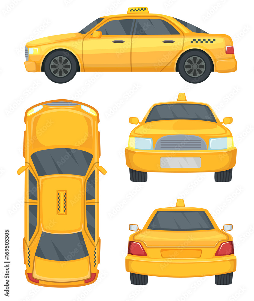 Naklejka premium Different views of taxi yellow car. Automobile isolated on white, vector illustrations