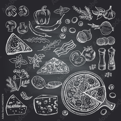 Illustrations of pizza ingredients on black chalkboard. Pictures set of italian kitchen