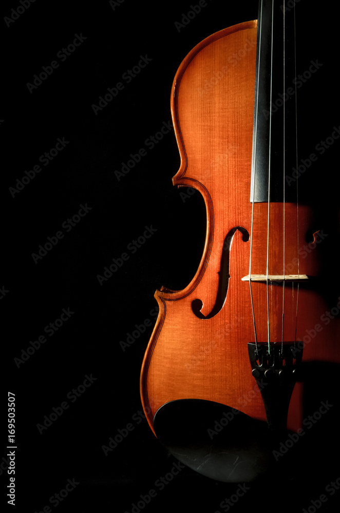 Closeup Violin orchestra musical instruments on black background