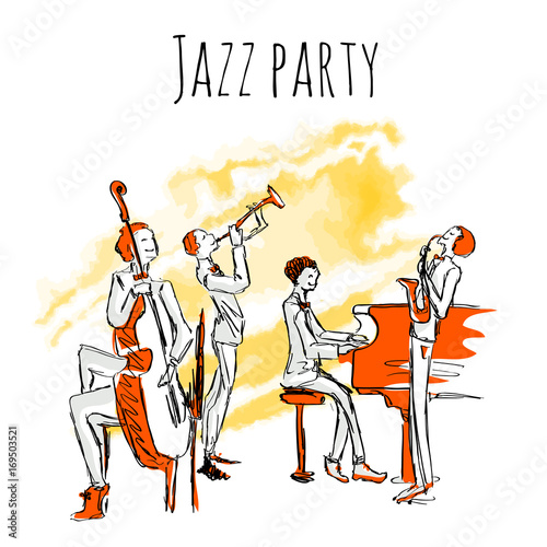 Poster or album cover for jazzband. Concert of jazz music. The Quartet plays jazz. Vector illustration in sketch style, isolated on white background.