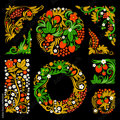 Floral decorative elements of traditional russian culture. Vector design pictures in khokhloma style