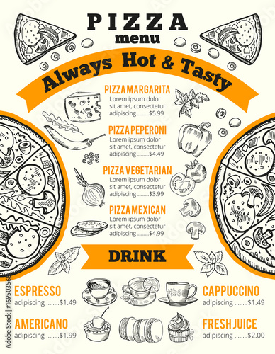 Design template for pizzeria menu. Vector monochrome illustrations
