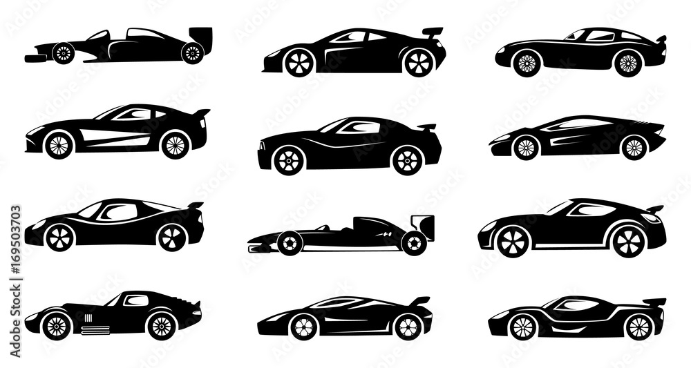 Black silhouette of race cars. Sports symbols isolated Black silhouette of race cars. Sports symbols isolated