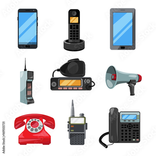 Different telephones, smartphones and other business communication tools. Vector contact symbols